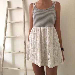 Gray and white sundress, lace, stripes, flowy